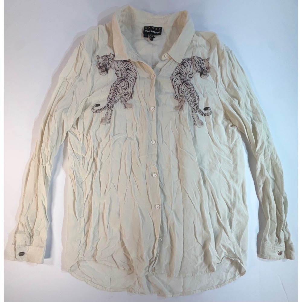 The Kooples Sport Cream Tiger Graphic Button Down Shirt Mens Large Long Sleeve